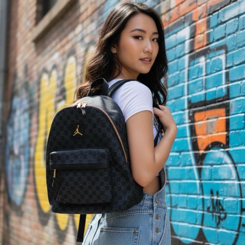 Jordan Black Monogram Backpack Womens 25l Gold Zip Logo